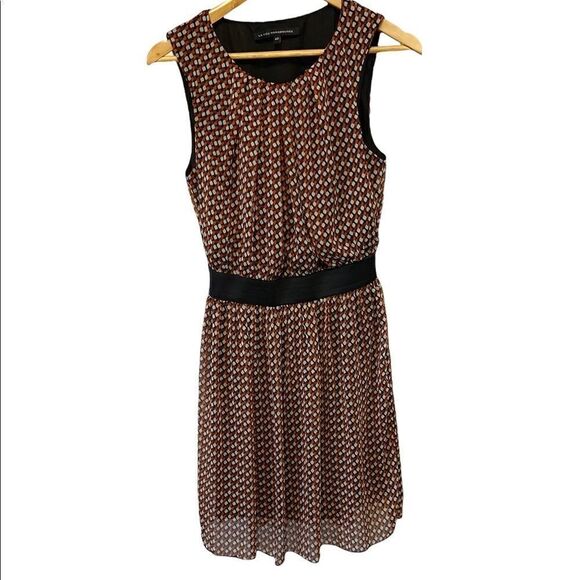 Geometric Pattern Brown&Cream Sleeveless Elastic Waist Italian Made Dress 40 - Picture 1 of 10